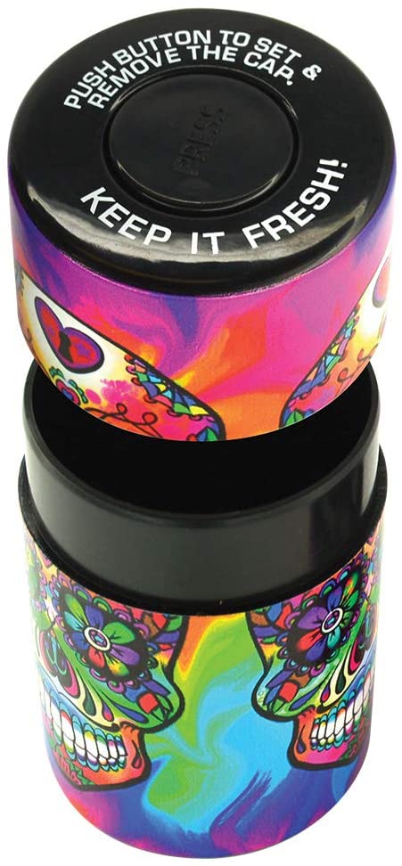 Plastic Air Tight Can-Stash Vacuum Sealed Spice, Tobacco Jar with Tie Dye Skull