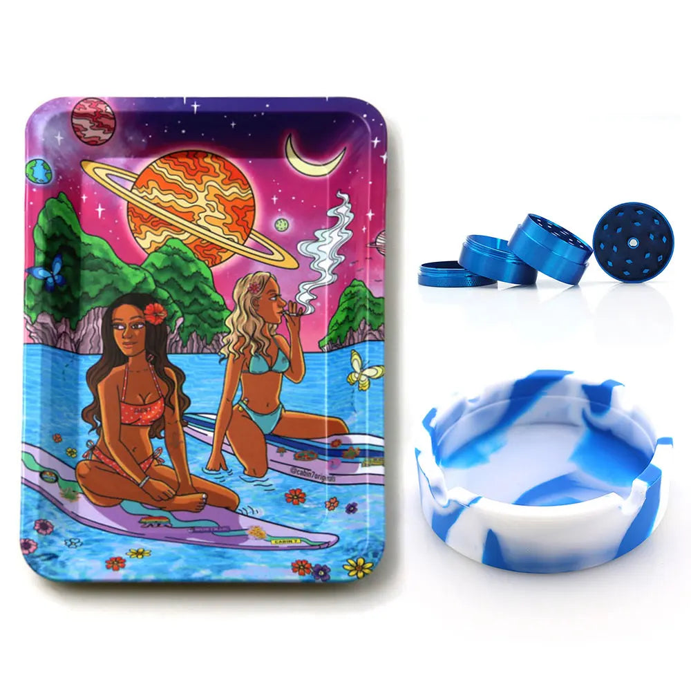 18cmx12.5cm Herb Tobacco Rolling Tray Set Silicone Ashtray Ash Tray 40mm Metal Herbal Grinder Kit Smoking Accessories