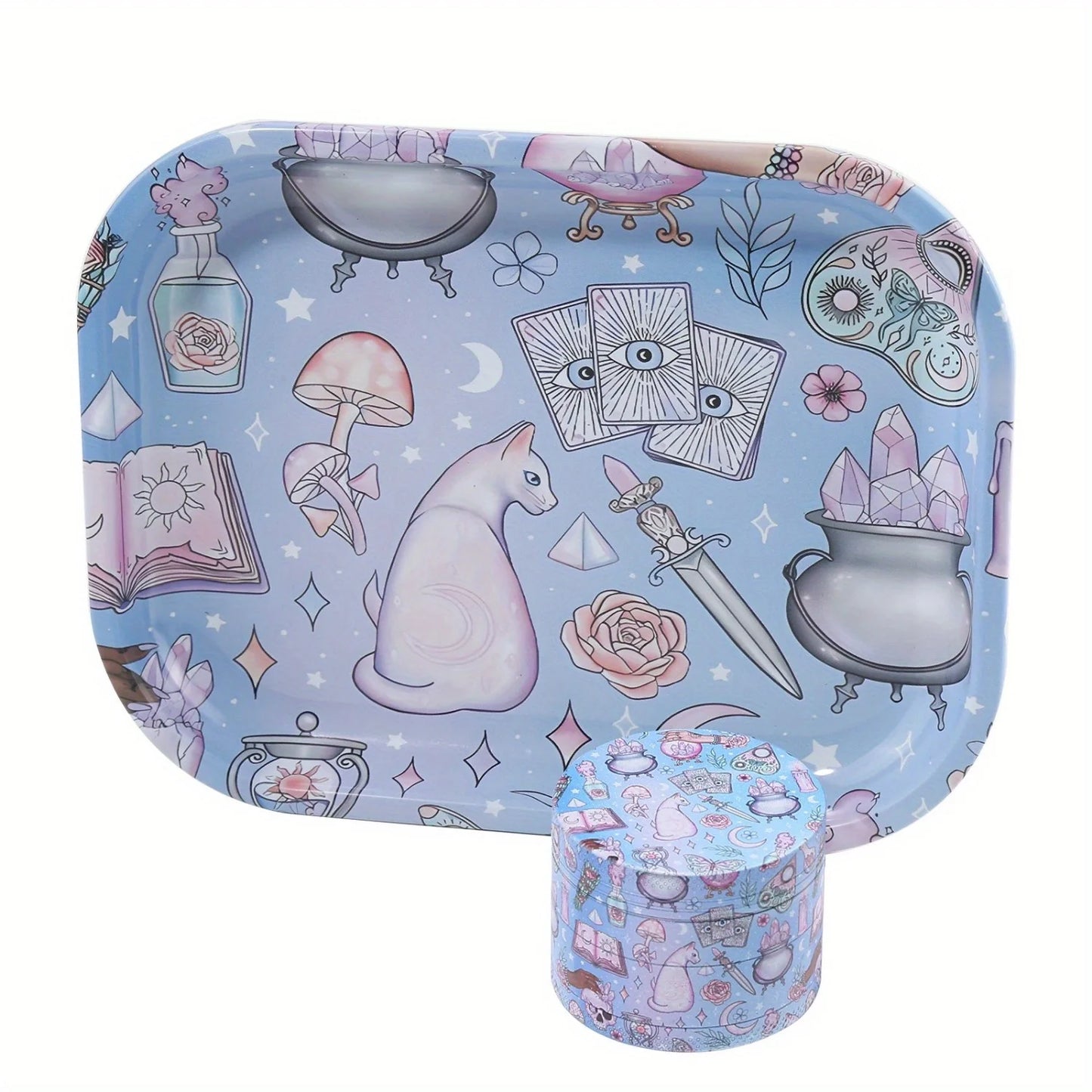 2 Pieces Kitten Bear Floral Mushrooms The Magic World Grinder and Rolling Tray Combo