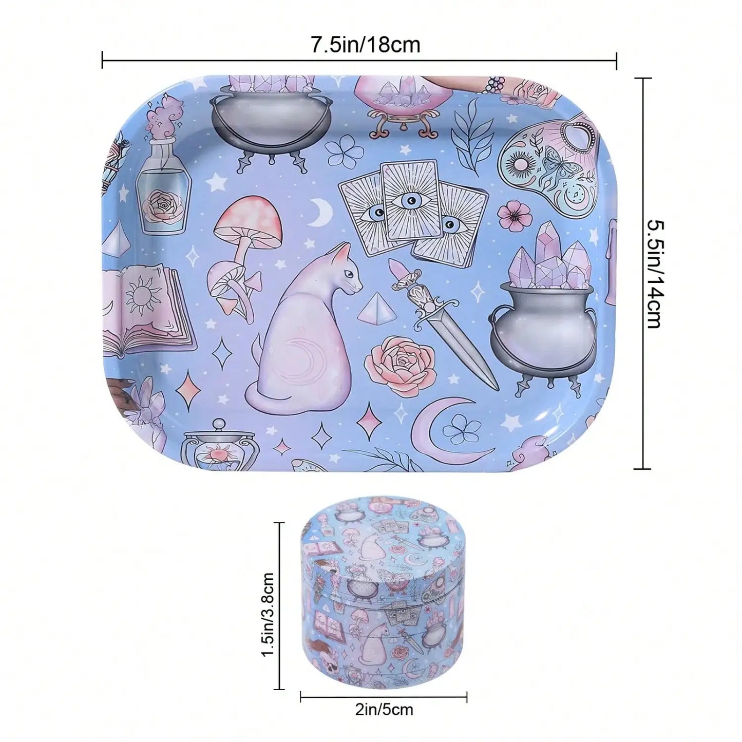 2 Pieces Kitten Bear Floral Mushrooms The Magic World Grinder and Rolling Tray Combo