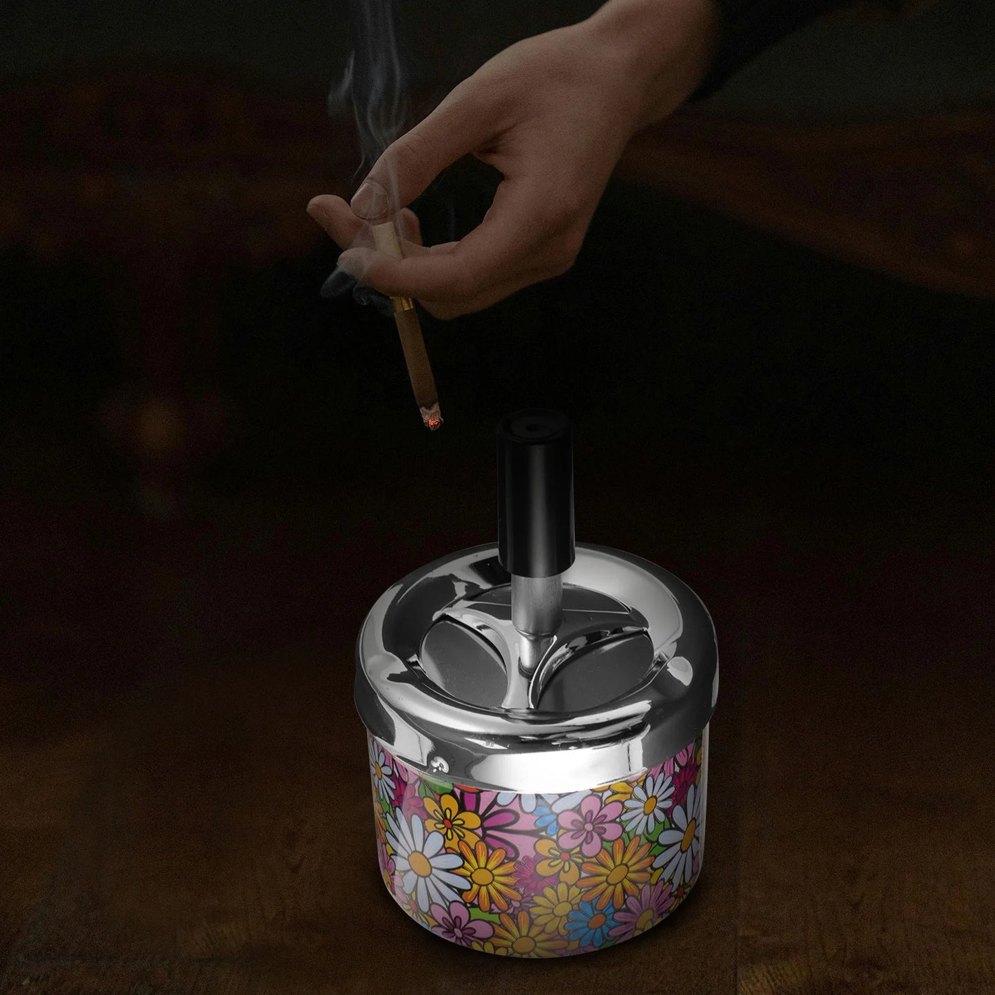 Swivel Lid Automatic Cigarette Extinguisher Metal Ashtray Waste Bin Small Desktop Tray Outdoor Container Indoor Holder Household