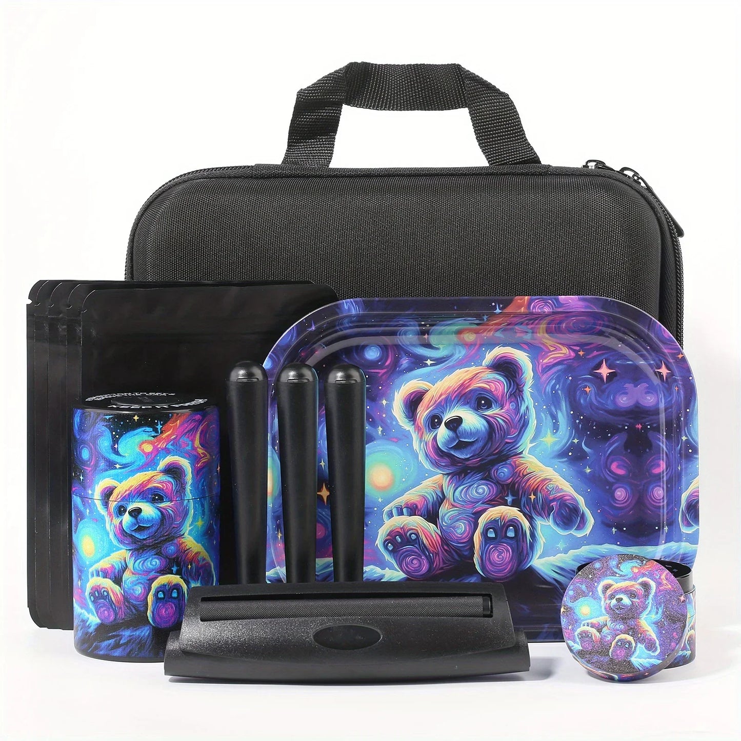 18 Pieces Galaxy Bear Themed Portable Smoking Stash Box Grinder Rolling Tray Machine Combo