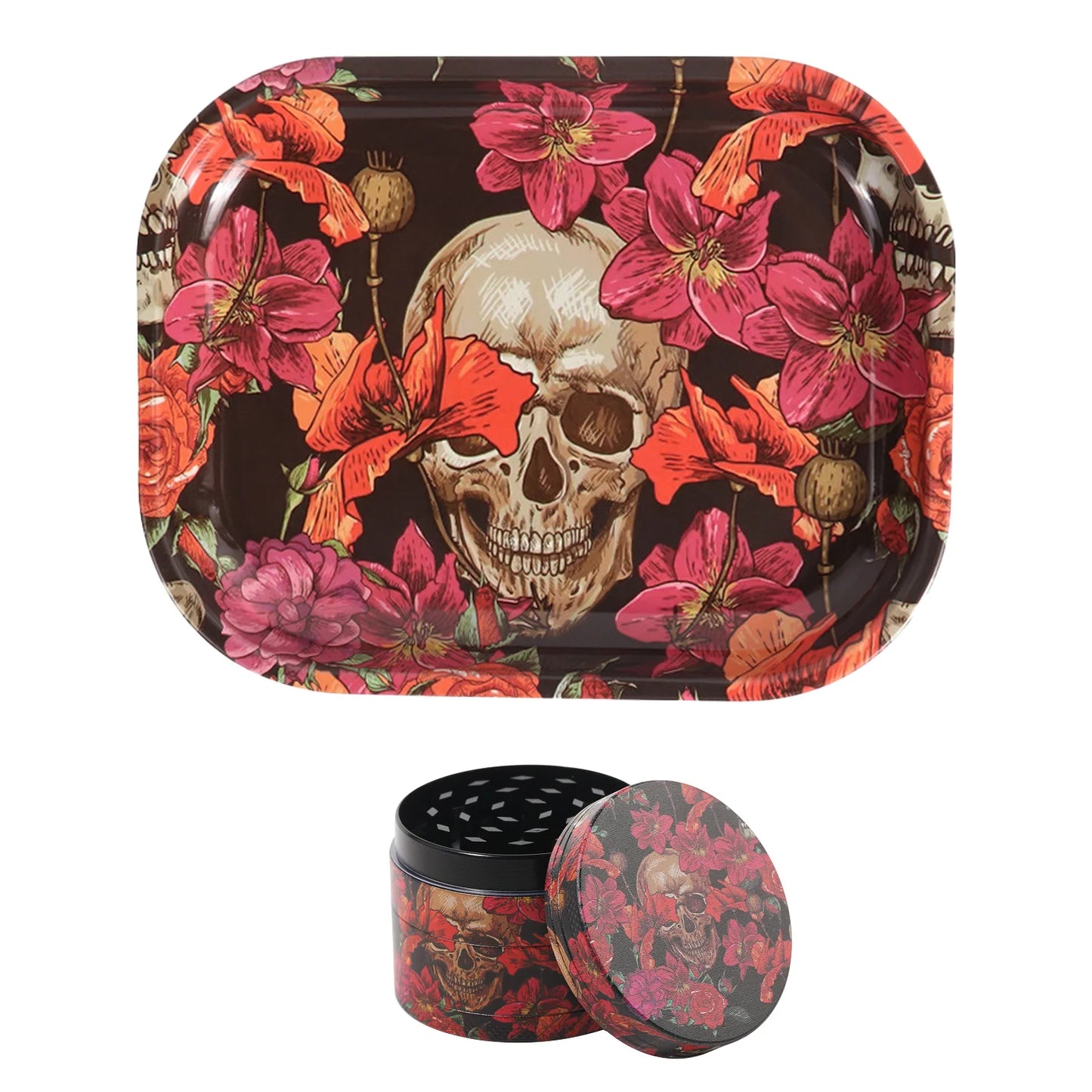 2 Pieces Skull Head Metal Rolling Tray and Herb Grinder Combo