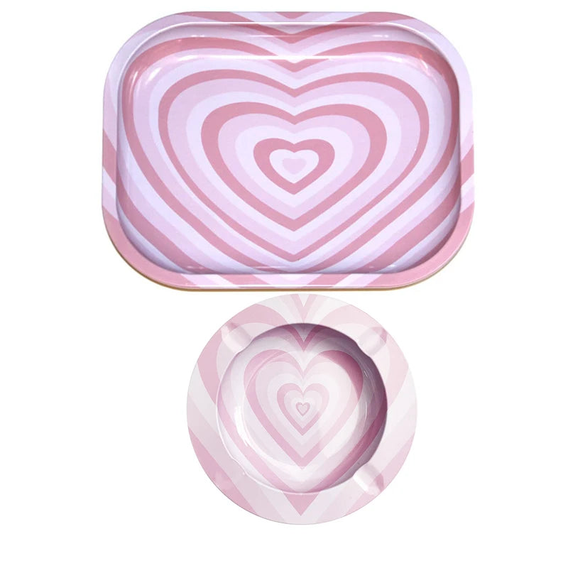 2PCS/Set Cigarette Rolling Tray Tinplate Ashtray Whit 18x14cm Rolling Tray Cartoon Pattern Metal Smoking Accessories