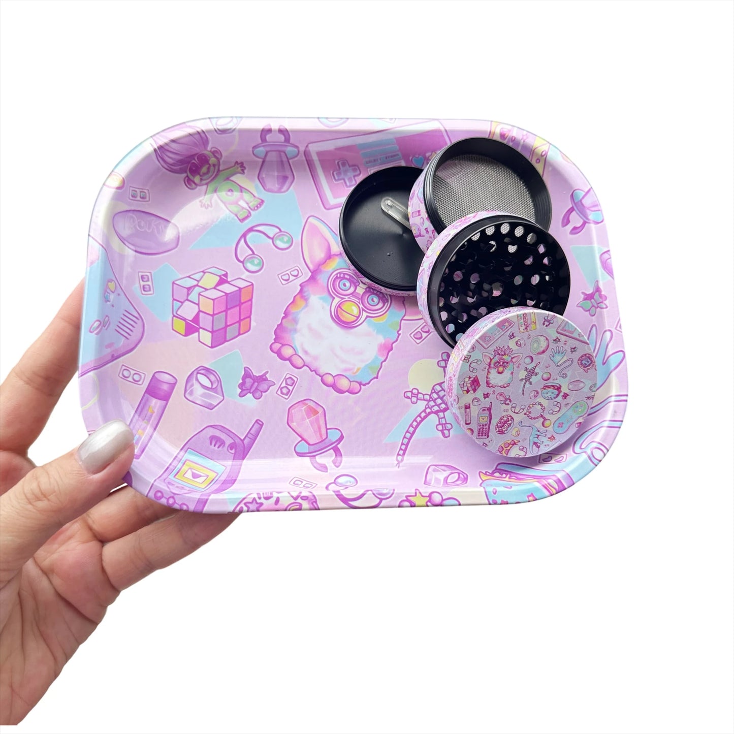 2 Pieces Cute Elf Cartoon Metal Rolling Tray and Herb Grinder Smoking Kit