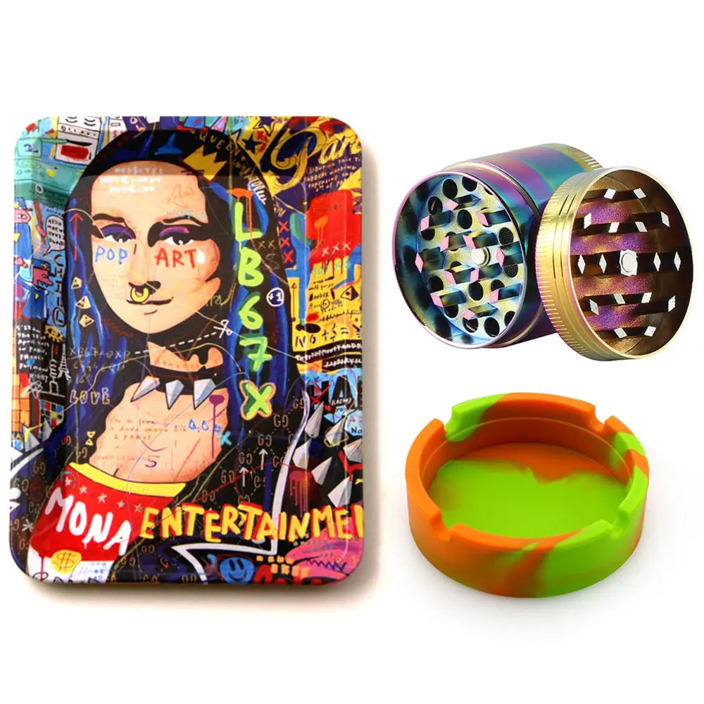 18cmx12.5cm Herb Tobacco Rolling Tray Set Silicone Ashtray Ash Tray 40mm Metal Herbal Grinder Kit Smoking Accessories