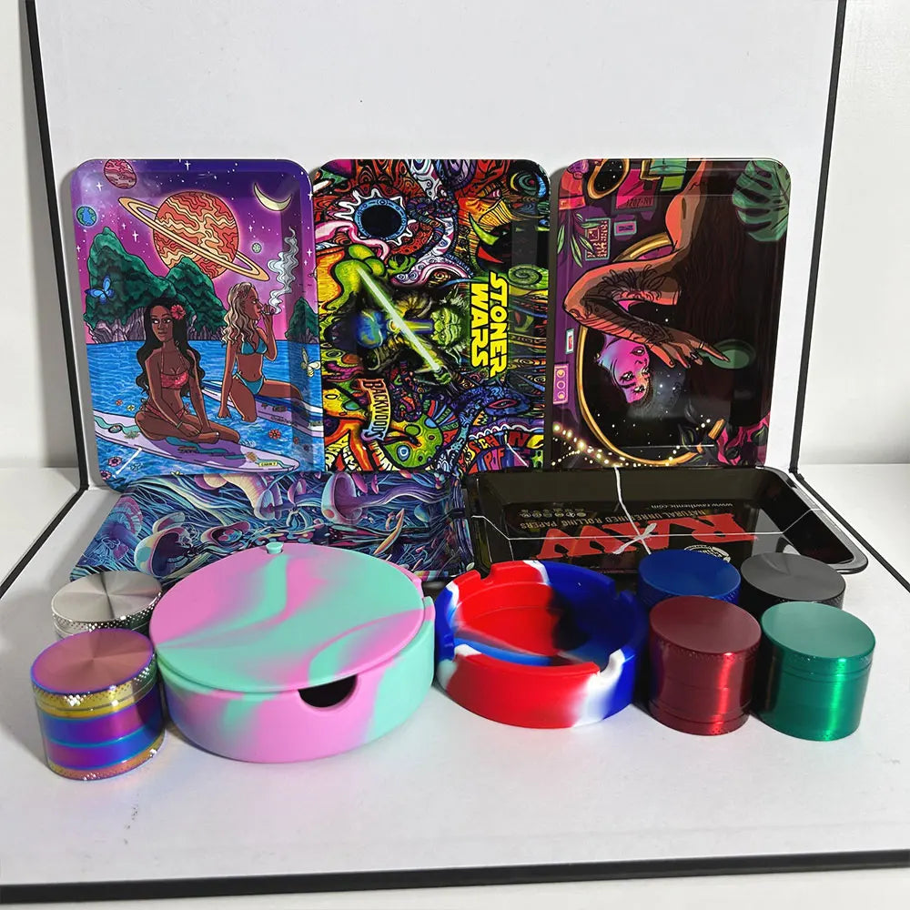18cmx12.5cm Herb Tobacco Rolling Tray Set Silicone Ashtray Ash Tray 40mm Metal Herbal Grinder Kit Smoking Accessories