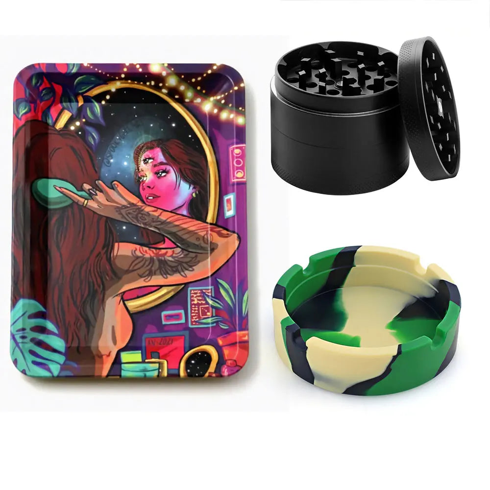 18cmx12.5cm Herb Tobacco Rolling Tray Set Silicone Ashtray Ash Tray 40mm Metal Herbal Grinder Kit Smoking Accessories