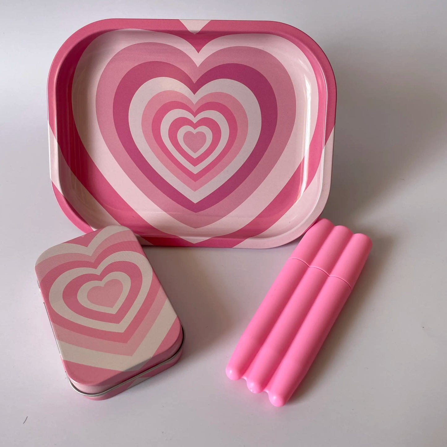 Pink Heart Metal Rolling Tray and Tin Box and Tree Tubes 3pcs Accessory Combo