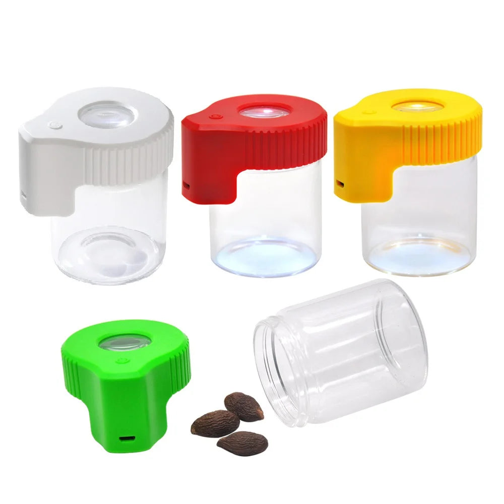 JUSES' SMOKESHOP Magnifier Luminous Dry Herb Storage Jar LED Transparent Glass Storage Spices Tobacco Box Smoking Accessories