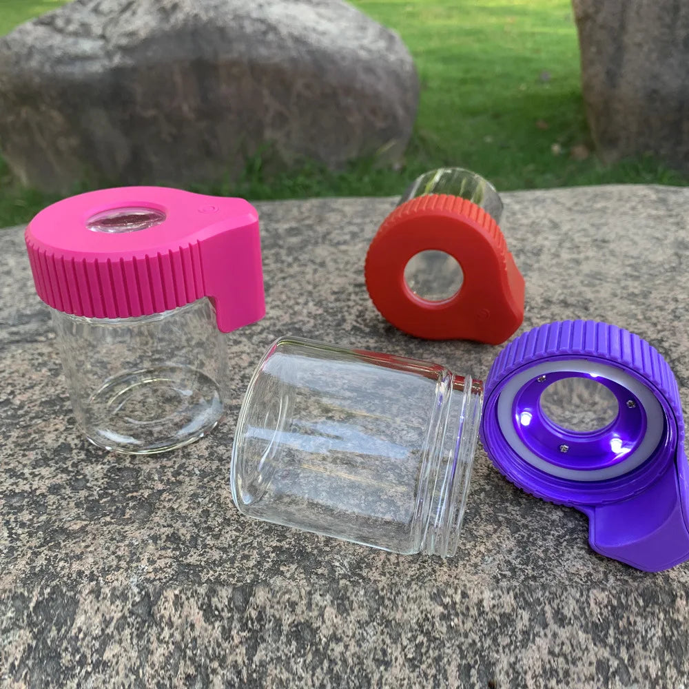 JUSES' SMOKESHOP Magnifier Luminous Dry Herb Storage Jar LED Transparent Glass Storage Spices Tobacco Box Smoking Accessories