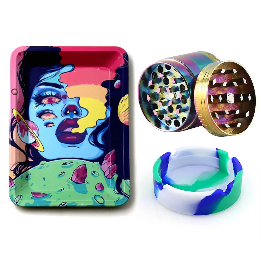18cmx12.5cm Herb Tobacco Rolling Tray Set Silicone Ashtray Ash Tray 40mm Metal Herbal Grinder Kit Smoking Accessories
