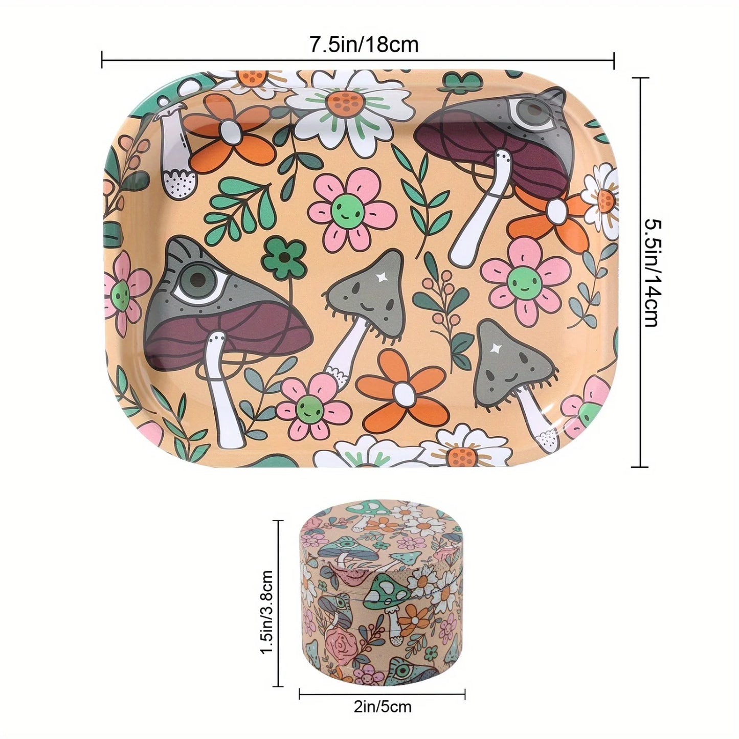 2 Pieces Kitten Bear Floral Mushrooms The Magic World Grinder and Rolling Tray Combo
