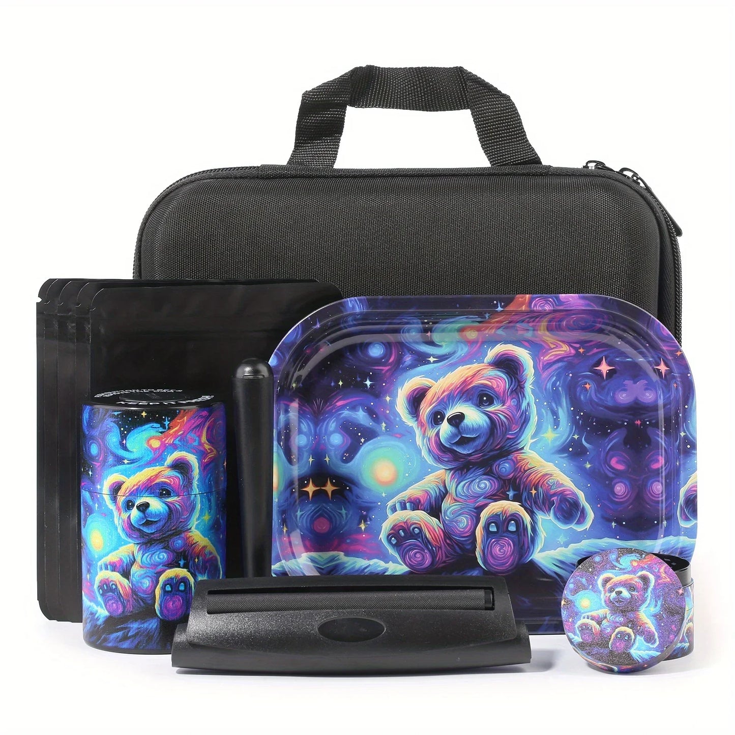 18 Pieces Galaxy Bear Themed Portable Smoking Stash Box Grinder Rolling Tray Machine Combo