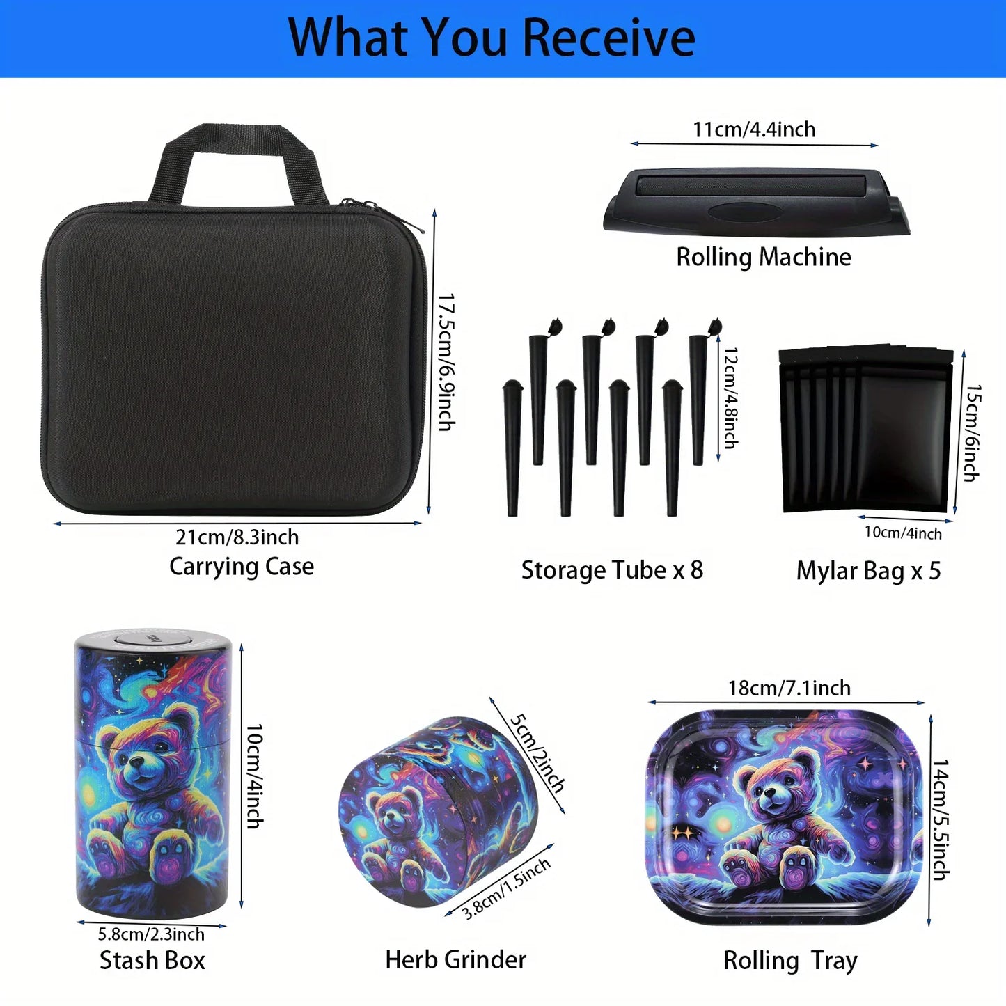 18 Pieces Galaxy Bear Themed Portable Smoking Stash Box Grinder Rolling Tray Machine Combo