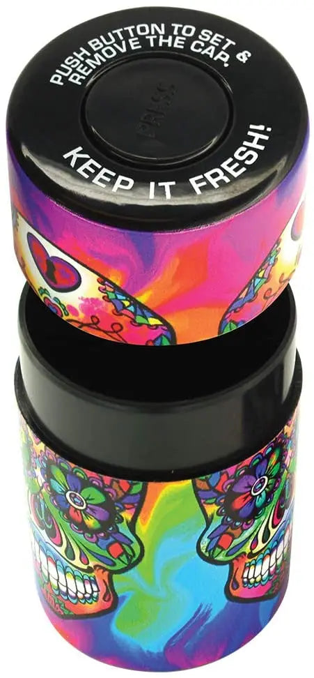 Plastic Air Tight Can-Stash Vacuum Sealed Spice, Tobacco Jar with Tie Dye Skull