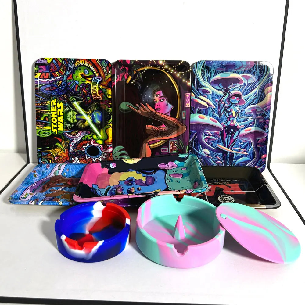 18cmx12.5cm Herb Tobacco Rolling Tray Set Silicone Ashtray Ash Tray 40mm Metal Herbal Grinder Kit Smoking Accessories