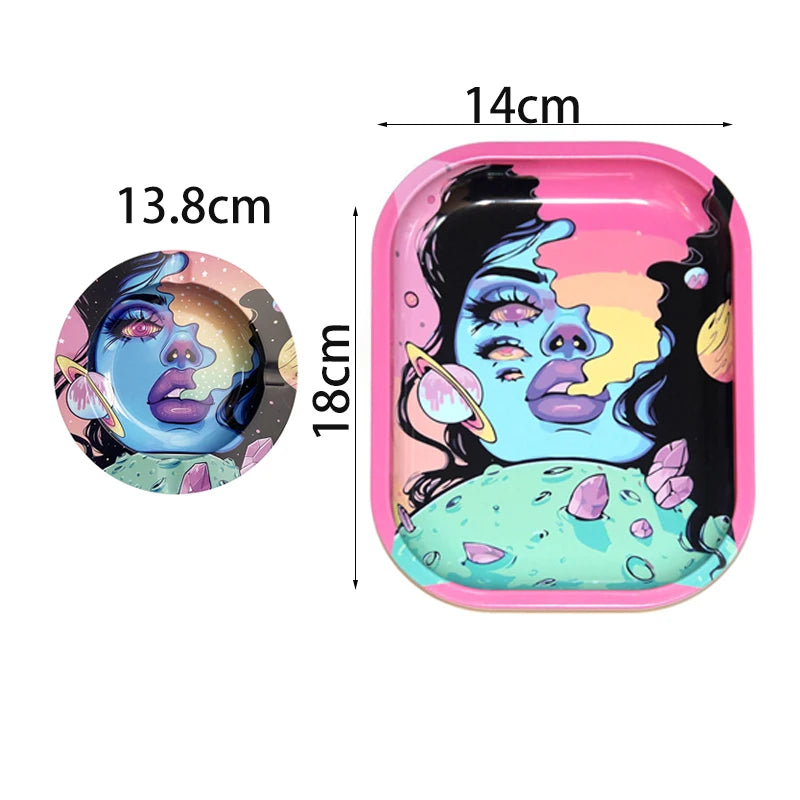 2PCS/Set Cigarette Rolling Tray Tinplate Ashtray Whit 18x14cm Rolling Tray Cartoon Pattern Metal Smoking Accessories