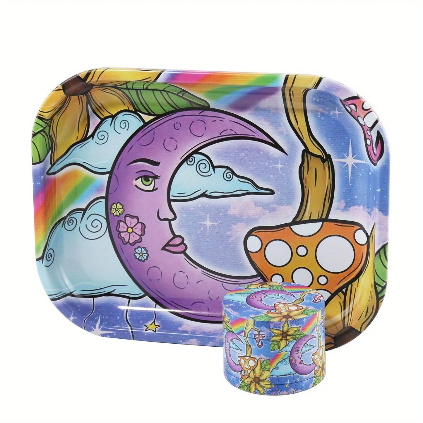 2 Pieces Kitten Bear Floral Mushrooms The Magic World Grinder and Rolling Tray Combo