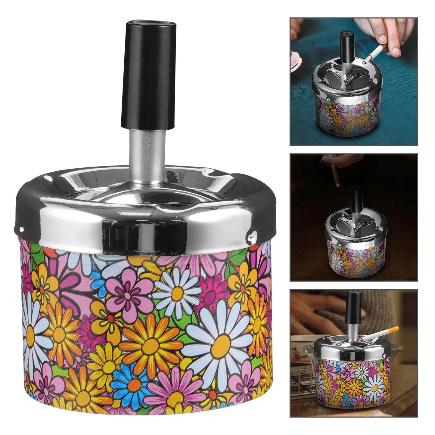 Swivel Lid Automatic Cigarette Extinguisher Metal Ashtray Waste Bin Small Desktop Tray Outdoor Container Indoor Holder Household
