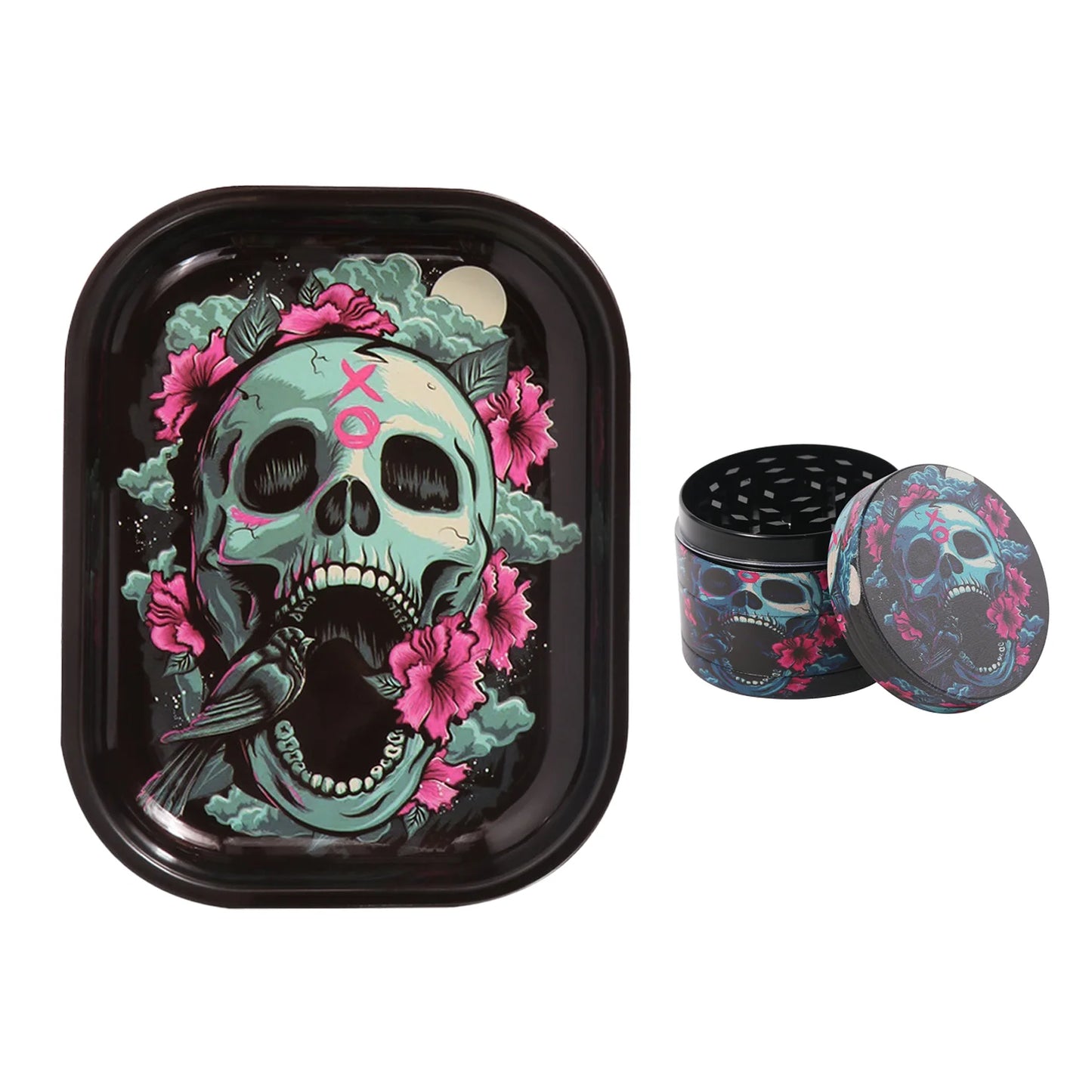 2 Pieces Skull Head Metal Rolling Tray and Herb Grinder Combo