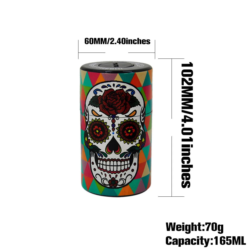 Plastic Air Tight Can-Stash Vacuum Sealed Spice, Tobacco Jar with Tie Dye Skull