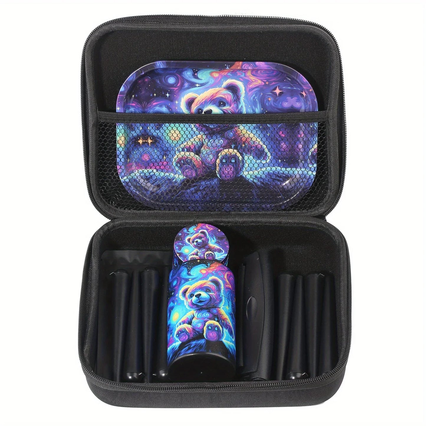 18 Pieces Galaxy Bear Themed Portable Smoking Stash Box Grinder Rolling Tray Machine Combo