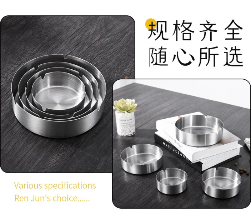 Round Stainless Steel Cigarette Ashtray Portable Tabletop Silver Metal Ash Tray for Smoker Fly Ash Proof Home Decoration
