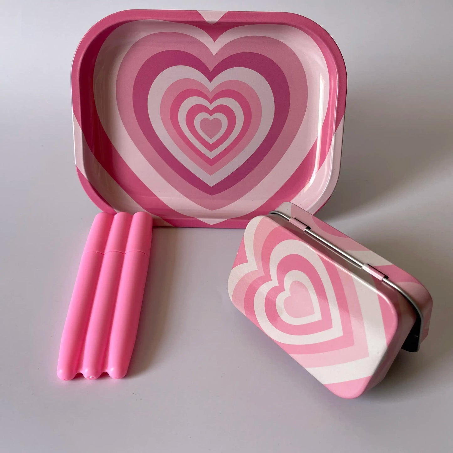 Pink Heart Metal Rolling Tray and Tin Box and Tree Tubes 3pcs Accessory Combo