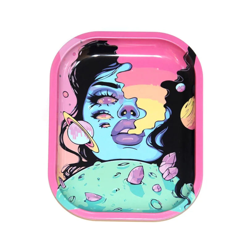 2PCS/Set Cigarette Rolling Tray Tinplate Ashtray Whit 18x14cm Rolling Tray Cartoon Pattern Metal Smoking Accessories
