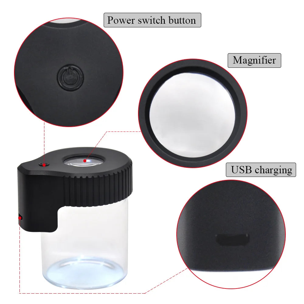 JUSES' SMOKESHOP Magnifier Luminous Dry Herb Storage Jar LED Transparent Glass Storage Spices Tobacco Box Smoking Accessories