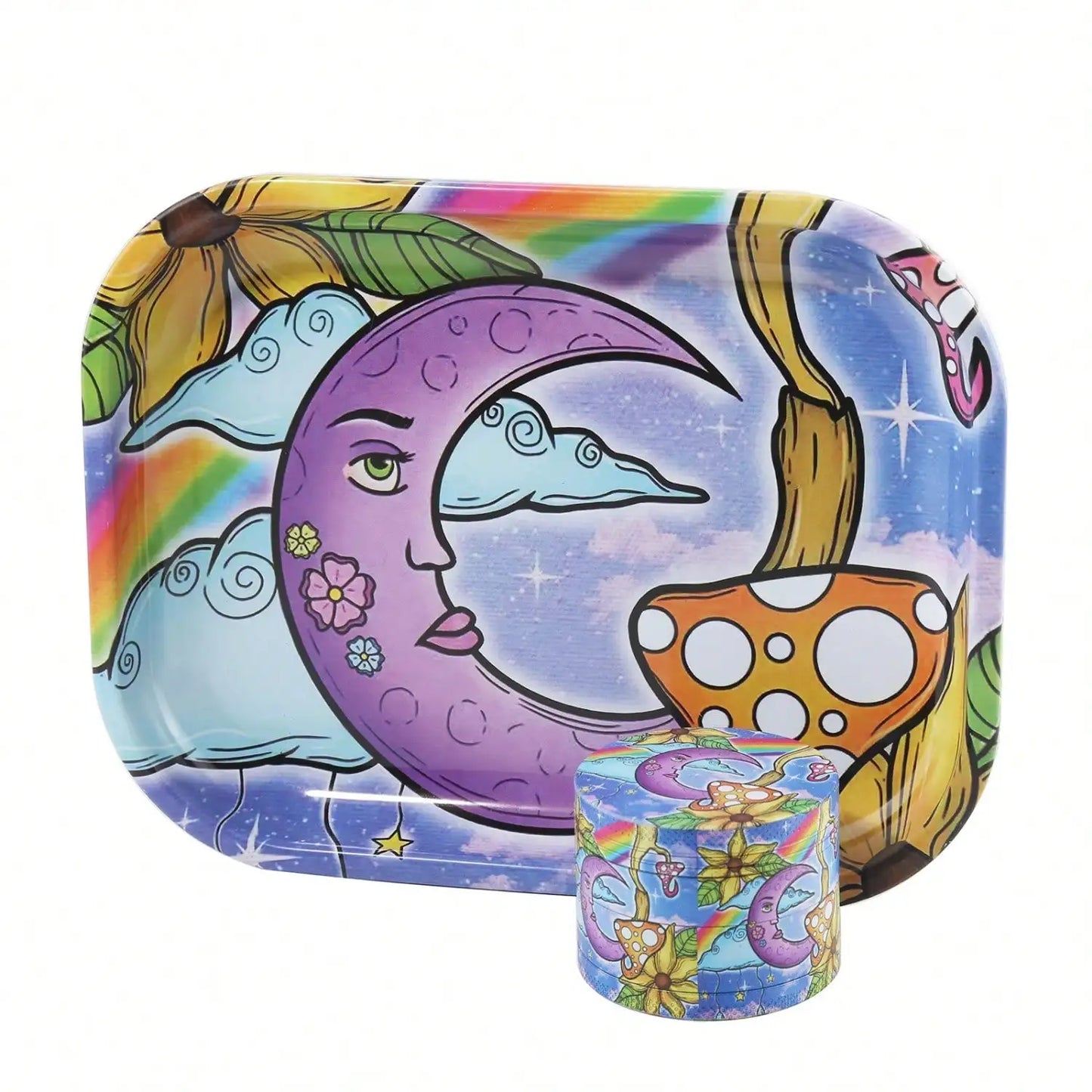 2 Pieces Kitten Bear Floral Mushrooms The Magic World Grinder and Rolling Tray Combo