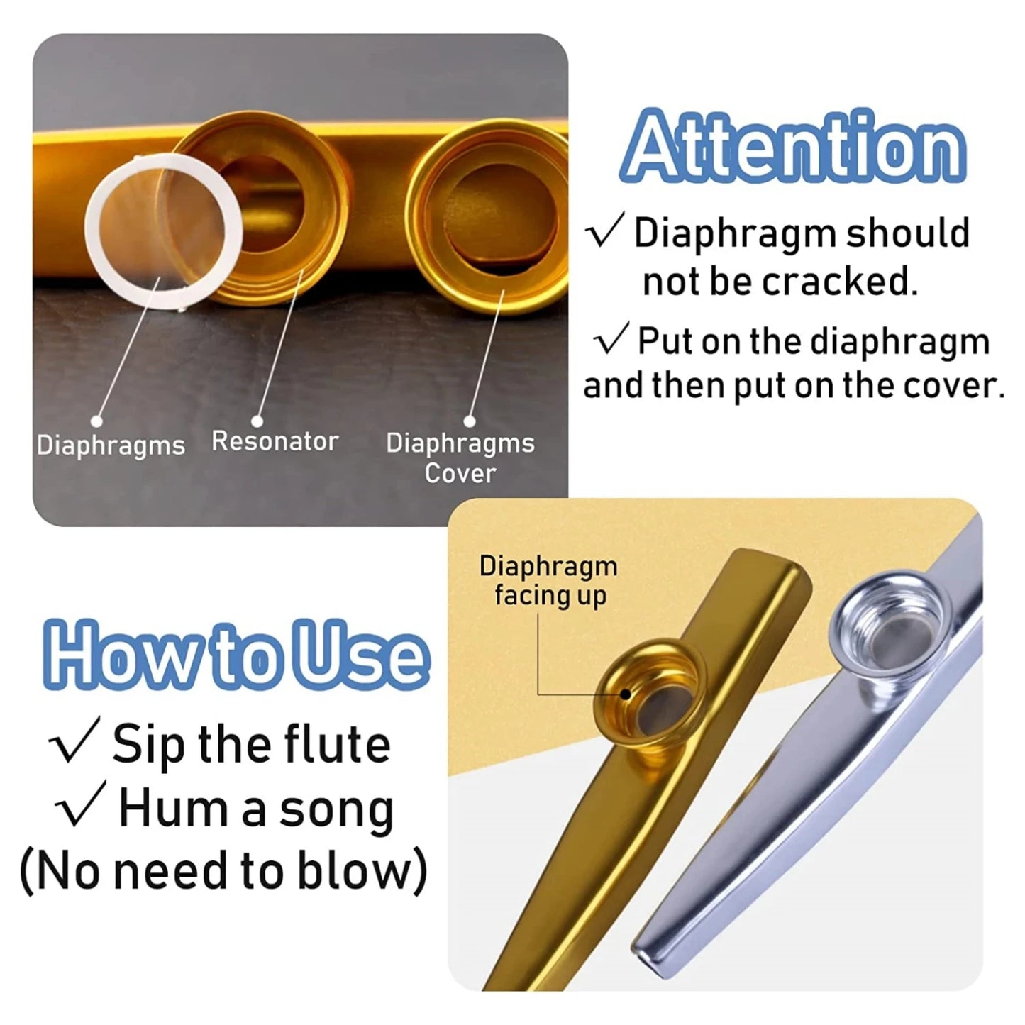 Kazoo Golden Aluminum Alloy with Membrane Flute Diaphragm Mouth Kazoos Musical Instruments