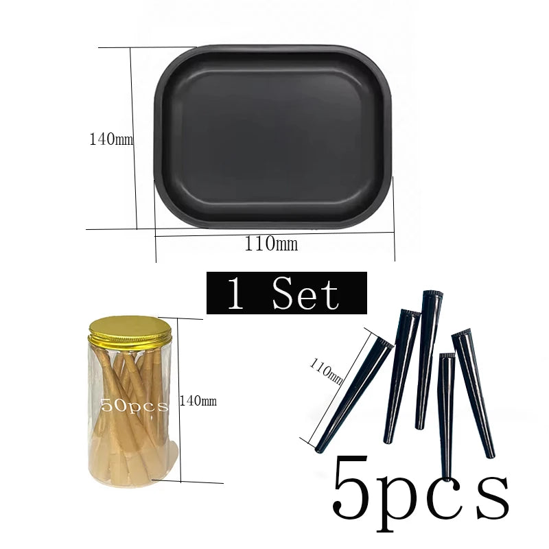 Black Rolling Tray Set 18X14cm A Set of Metal Herb Tinplate Plate 50pcs Papers+5cm Storage Containers Smoking Accessorie