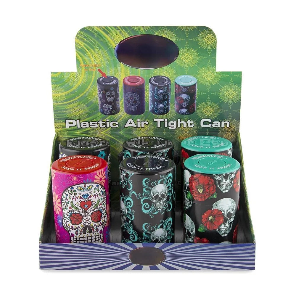 Plastic Air Tight Can-Stash Vacuum Sealed Spice, Tobacco Jar with Tie Dye Skull