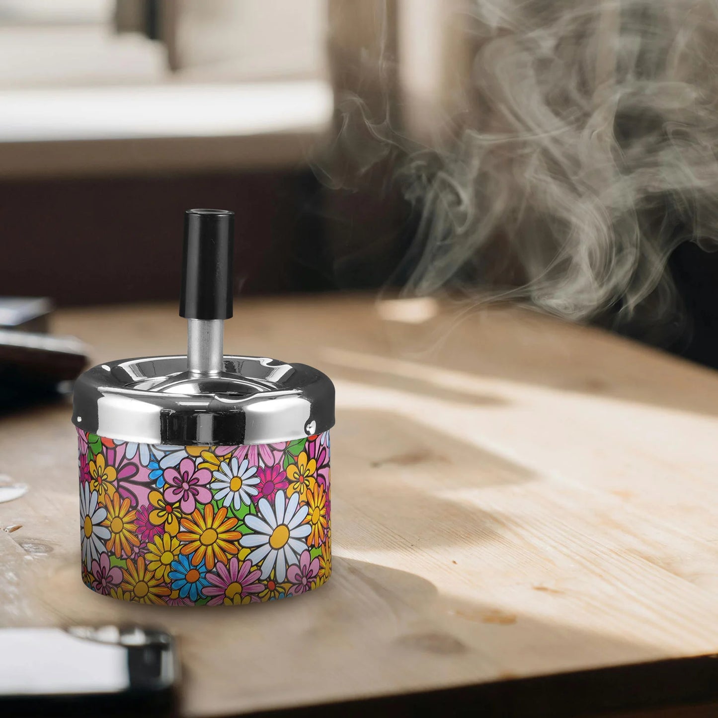 Swivel Lid Automatic Cigarette Extinguisher Metal Ashtray Waste Bin Small Desktop Tray Outdoor Container Indoor Holder Household