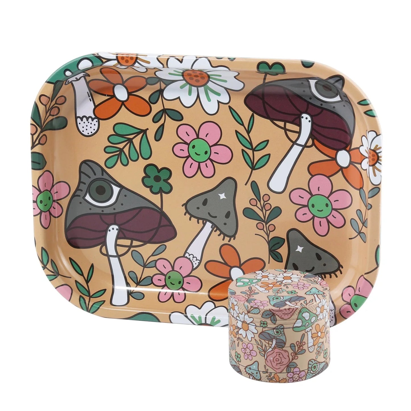 2 Pieces Kitten Bear Floral Mushrooms The Magic World Grinder and Rolling Tray Combo