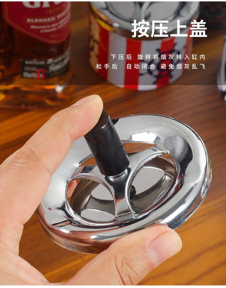 Push Down Ashtray with Spinning Lid Ash Tray Metal Cigarette Ash Tray Large Ashtray for Indoor and Outside Patio