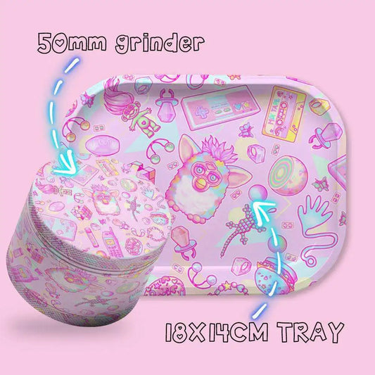 2 Pieces Cute Elf Cartoon Metal Rolling Tray and Herb Grinder Smoking Kit