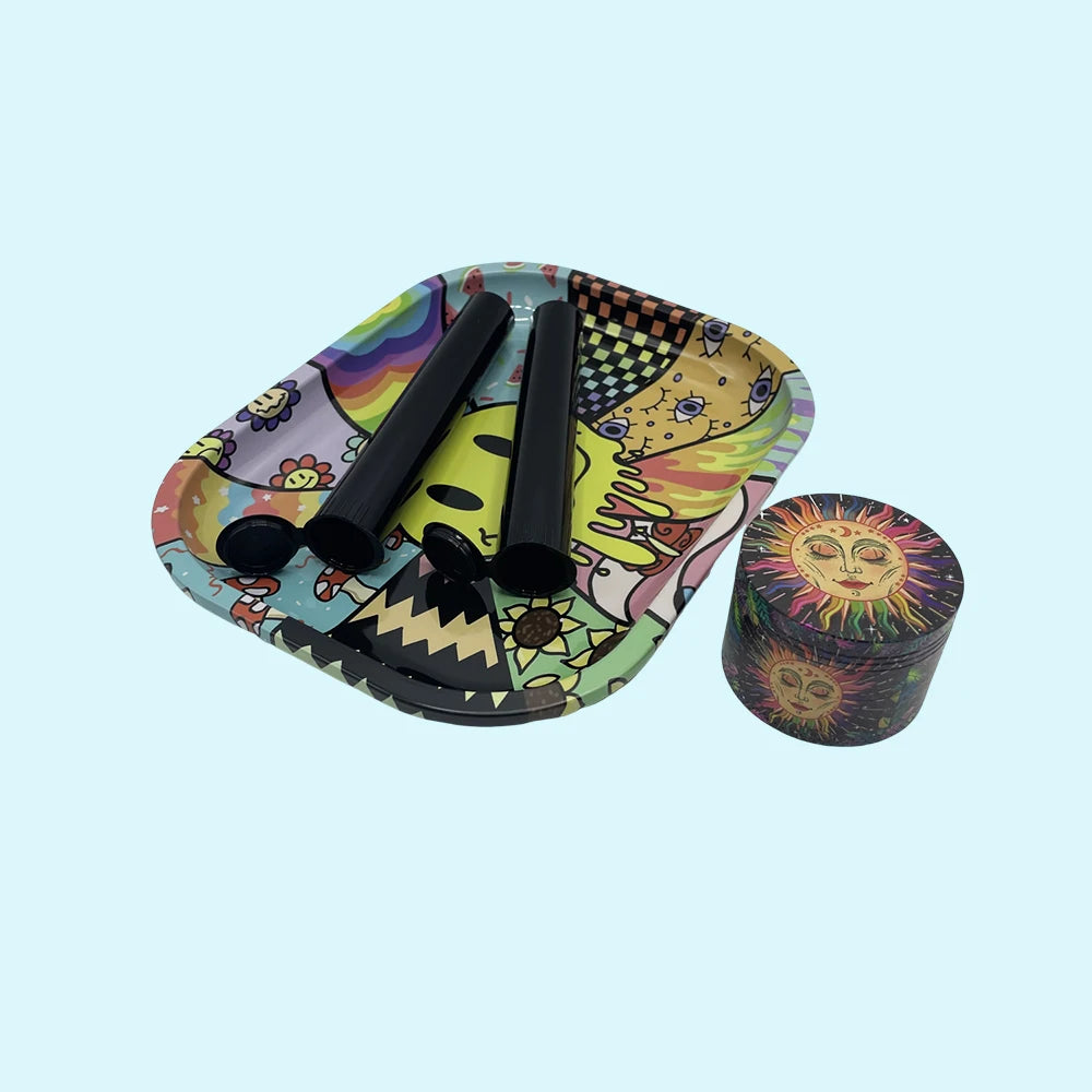 18cmx14cm Herb Tobacco Rolling Tray Set Storage Tube Ash Tray 50mm Metal Herbal Grinder Kit Smoking Accessories