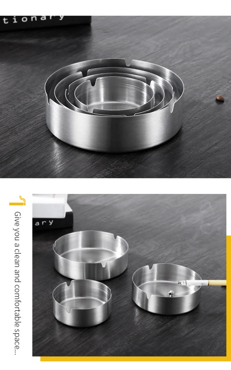 Round Stainless Steel Cigarette Ashtray Portable Tabletop Silver Metal Ash Tray for Smoker Fly Ash Proof Home Decoration