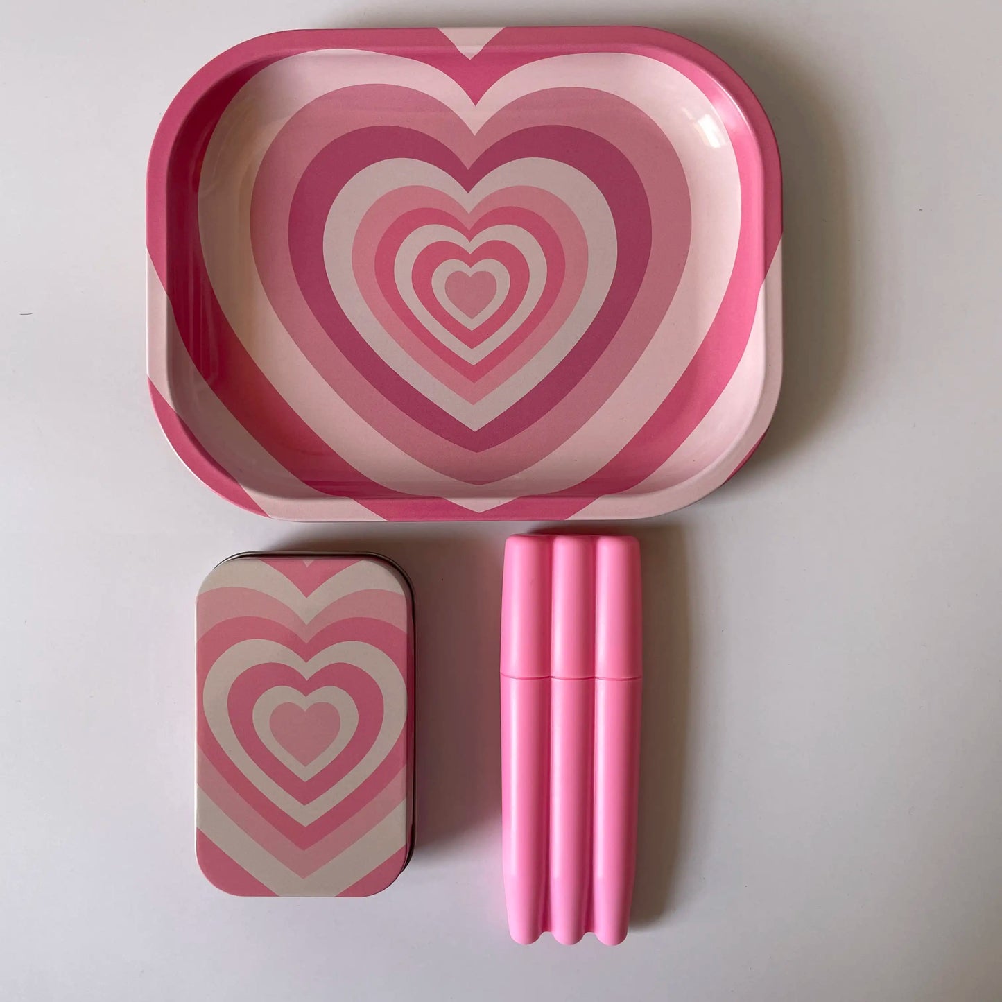 Pink Heart Metal Rolling Tray and Tin Box and Tree Tubes 3pcs Accessory Combo