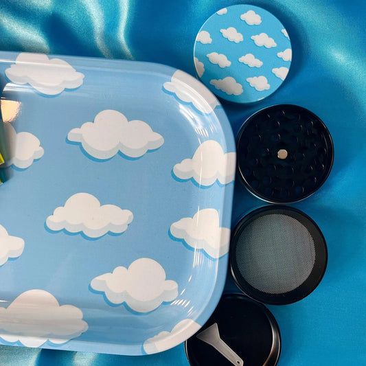 1/2Pack Blue Sky and Cloud  Rolling Tray and Herb Grinder