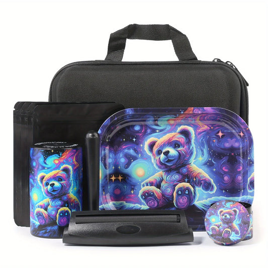 18 Pieces Galaxy Bear Themed Portable Smoking Stash Box Grinder Rolling Tray Machine Combo