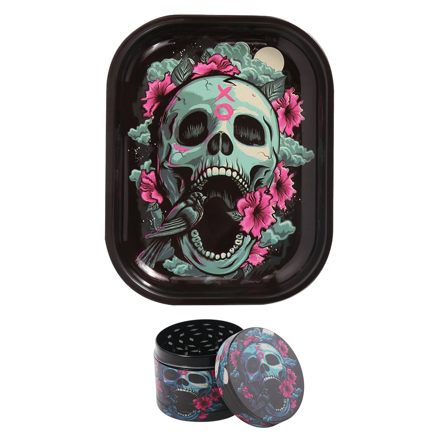 2 Pieces Skull Head Metal Rolling Tray and Herb Grinder Combo