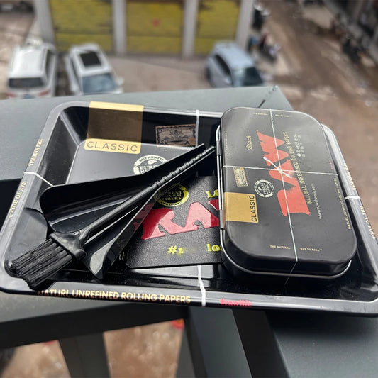 4 Piece Kit Black Metal tin set Rolling Tray Plate Cigarette Tray ，Plastics Brush， Funnel ，Scoop Card