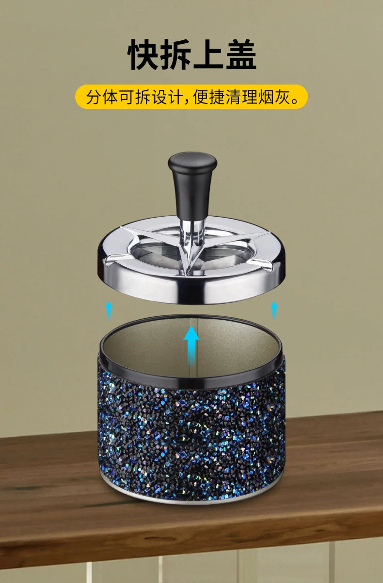 Creative ashtray press type rotating ashtray with diamond sticker, personalized and simple ashtray, household ashtray