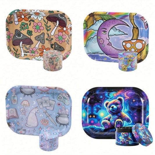 2 Pieces Kitten Bear Floral Mushrooms The Magic World Grinder and Rolling Tray Combo