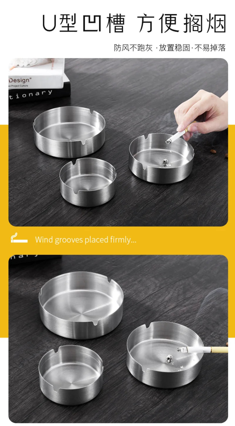 Round Stainless Steel Cigarette Ashtray Portable Tabletop Silver Metal Ash Tray for Smoker Fly Ash Proof Home Decoration